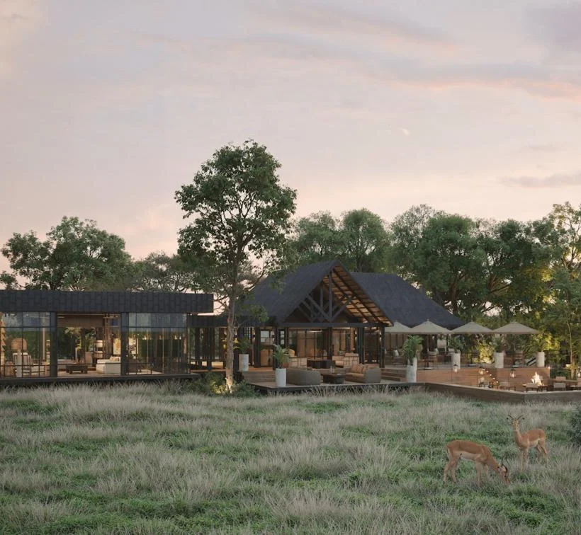 Lodge de safari en Kruger Sudáfrica al amanecer con fauna cercana